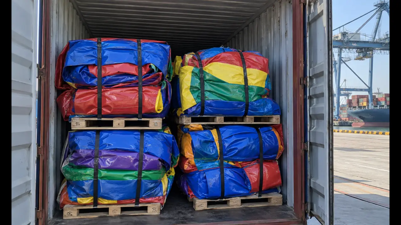 Gonfiabili commerciali piegati e imballati su pallet all'interno di un container in un porto