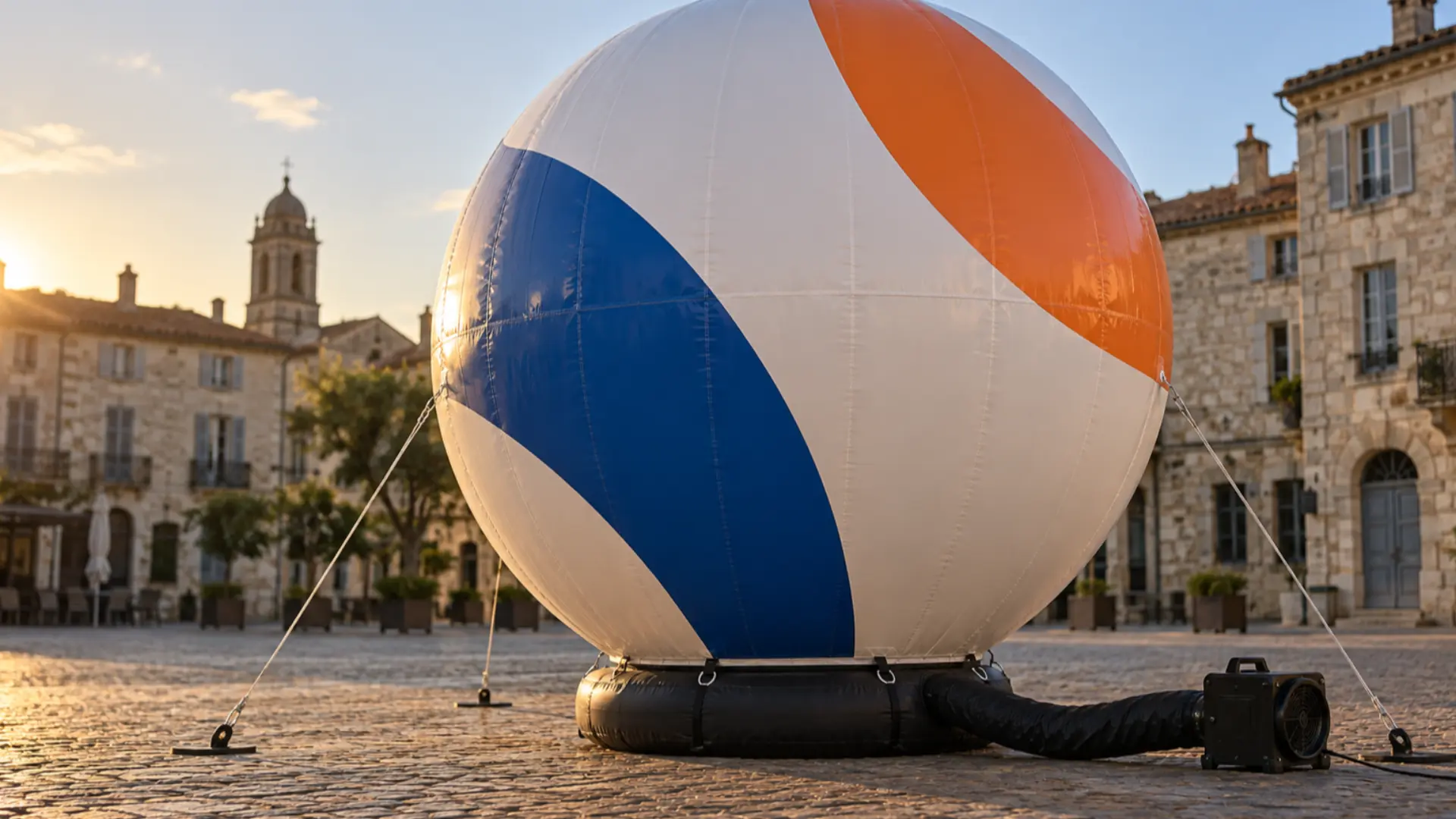 grande pallone pubblicitario ad aria fredda con branding stampato astratto ancorato su una piazza cittadina francese