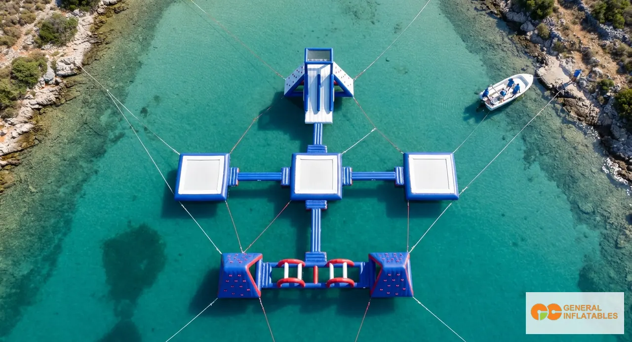 Vista aerea di un parco acquatico gonfiabile modulare che mostra cluster distinti di moduli in una baia riparata