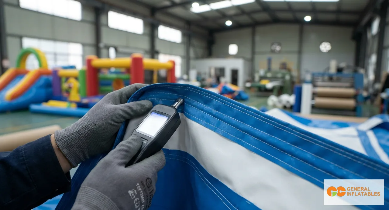 Reparto di produzione di una fabbrica di inflatables con cuciture saldate su pannelli di gonfiabili commerciali