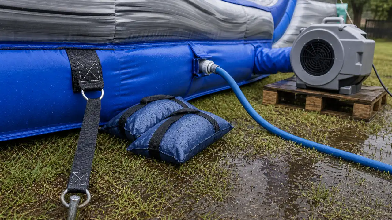 Installazione e collaudo di scivoli acquatici gonfiabili: acqua, drenaggio, ancoraggio in bagnato