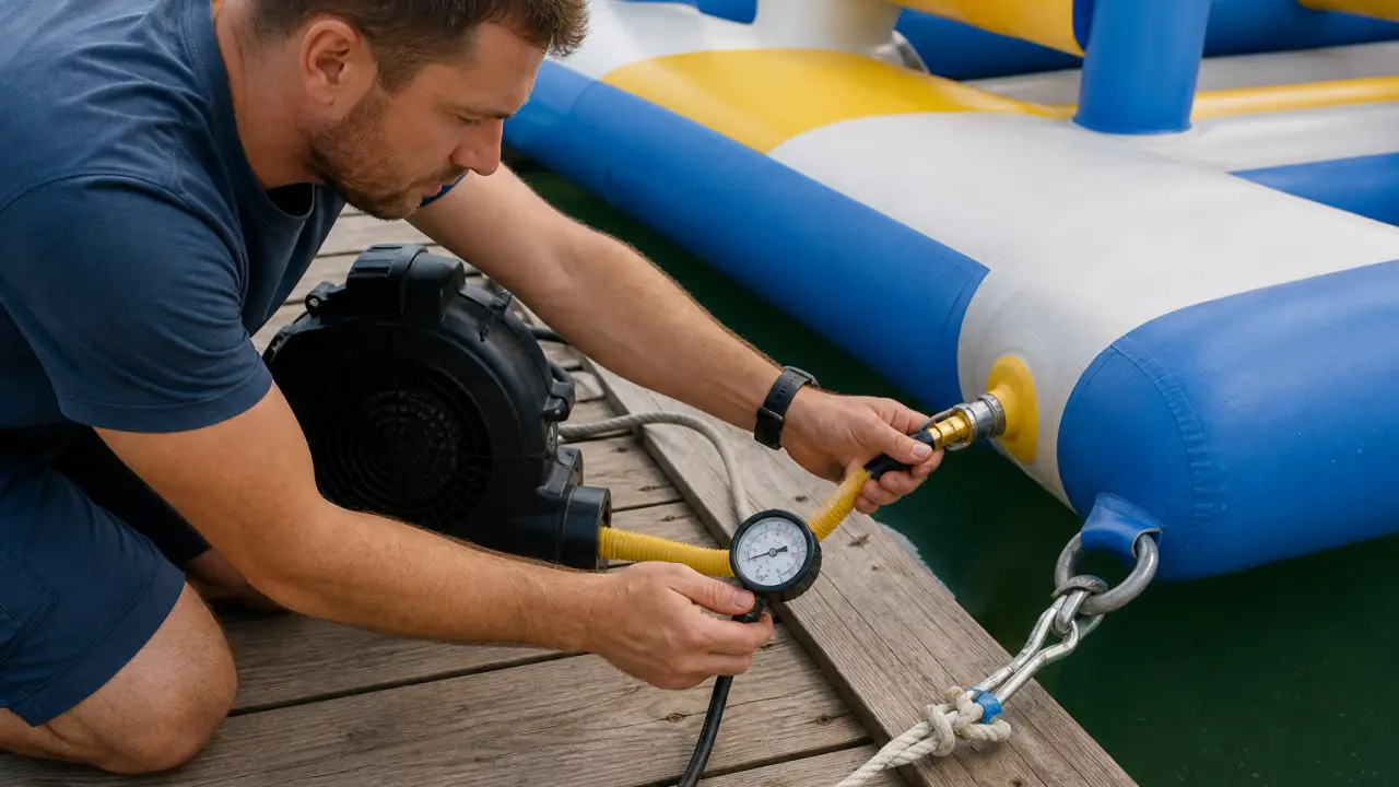 Tecnico di manutenzione che controlla il ventilatore e i punti di ancoraggio su un modulo di parco acquatico gonfiabile