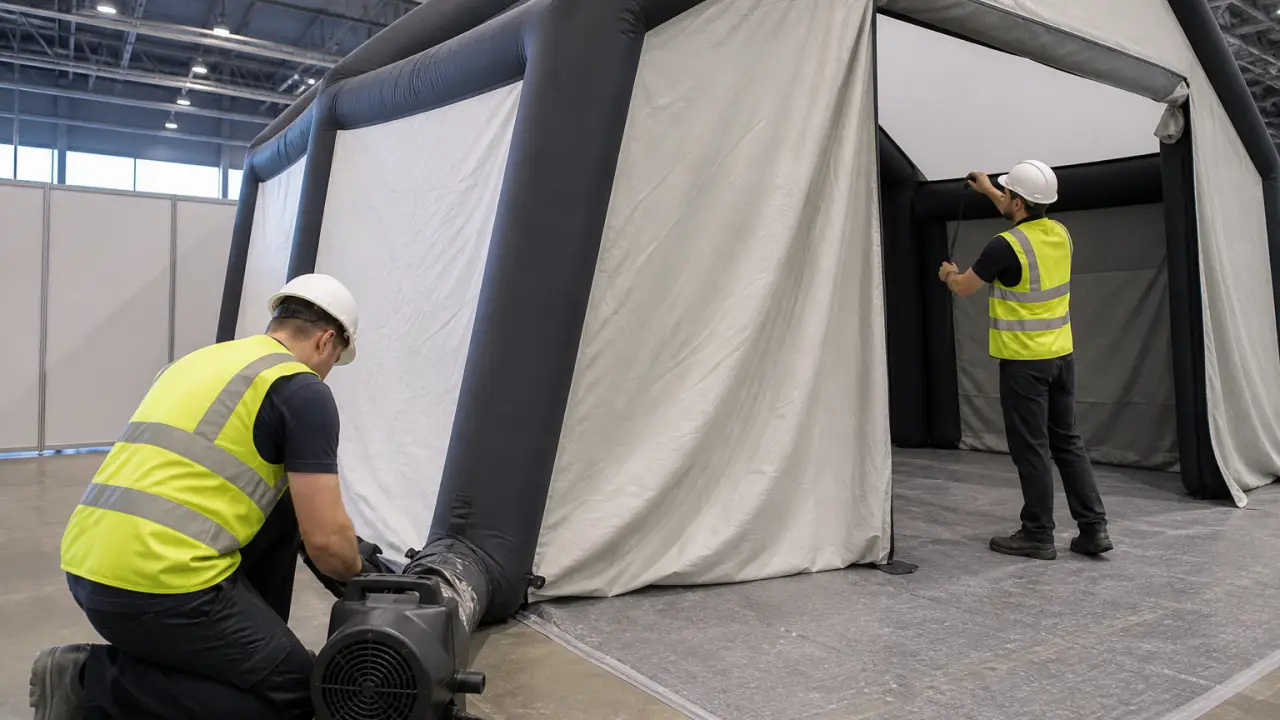 Tenda gonfiabile per eventi in allestimento in un padiglione fieristico tedesco