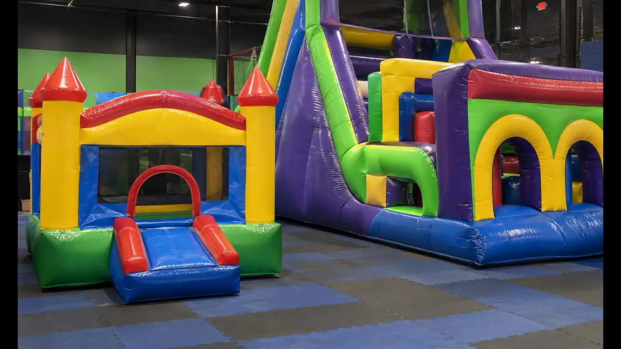 Castello gonfiabile per bambini piccoli accanto a un percorso a ostacoli più alto all'interno di un centro di intrattenimento familiare