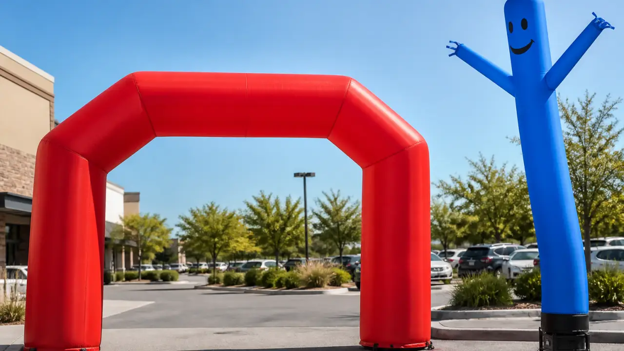 Arco gonfiabile e air dancer posizionati all'ingresso del parcheggio di un negozio al dettaglio