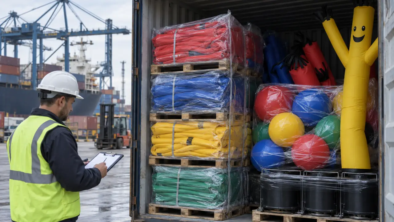 Operatore portuale che ispeziona un container di gonfiabili pubblicitari pallettizzati