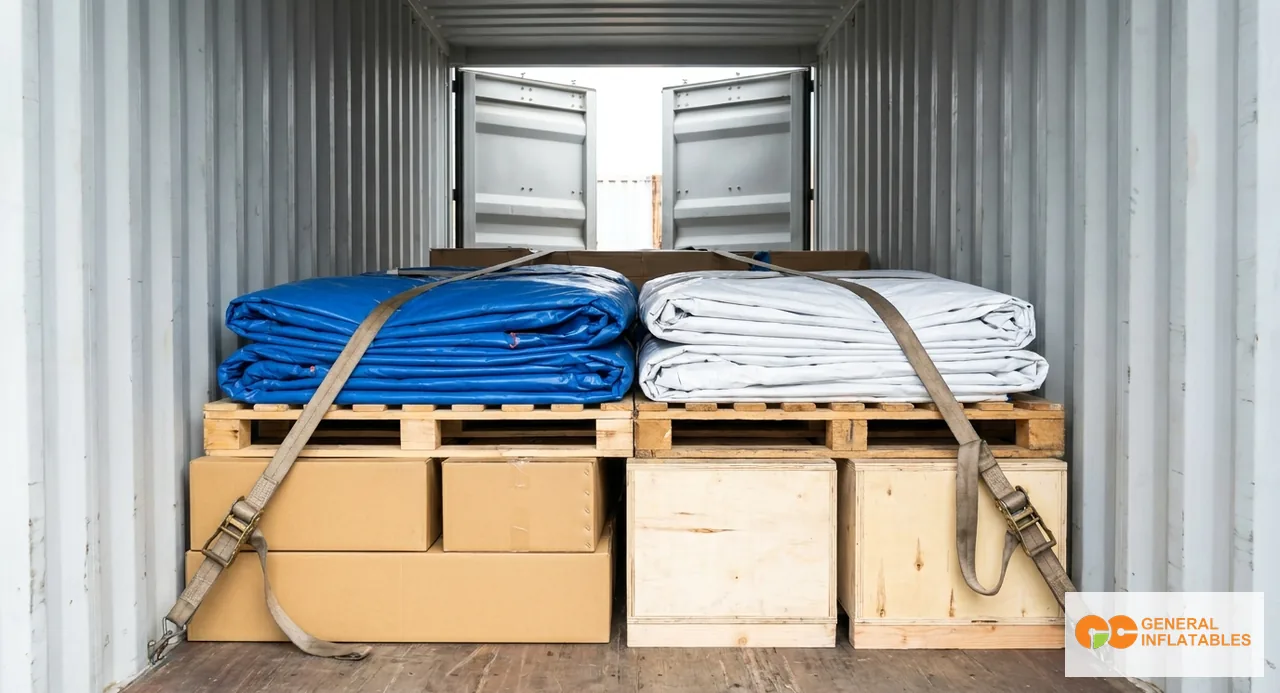 Vista interna di un container marittimo 40ft HQ parzialmente caricato con gonfiabili commerciali piegati impilati su pallet con casse di soffiatori e kit di ancoraggio a terra