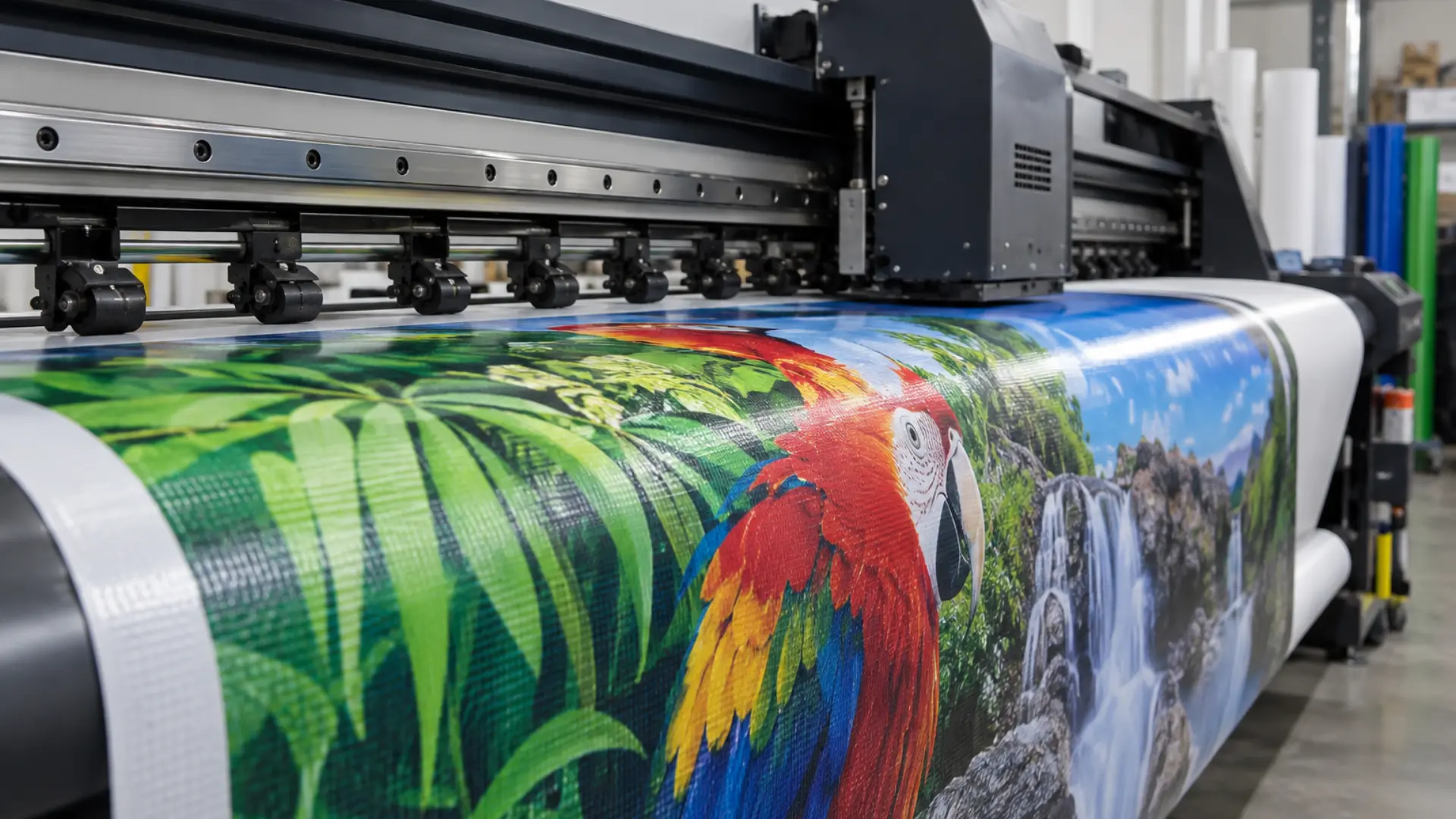 primo piano di grafiche stampate in digitale full-print su pannello in tessuto PVC gonfiabile commerciale