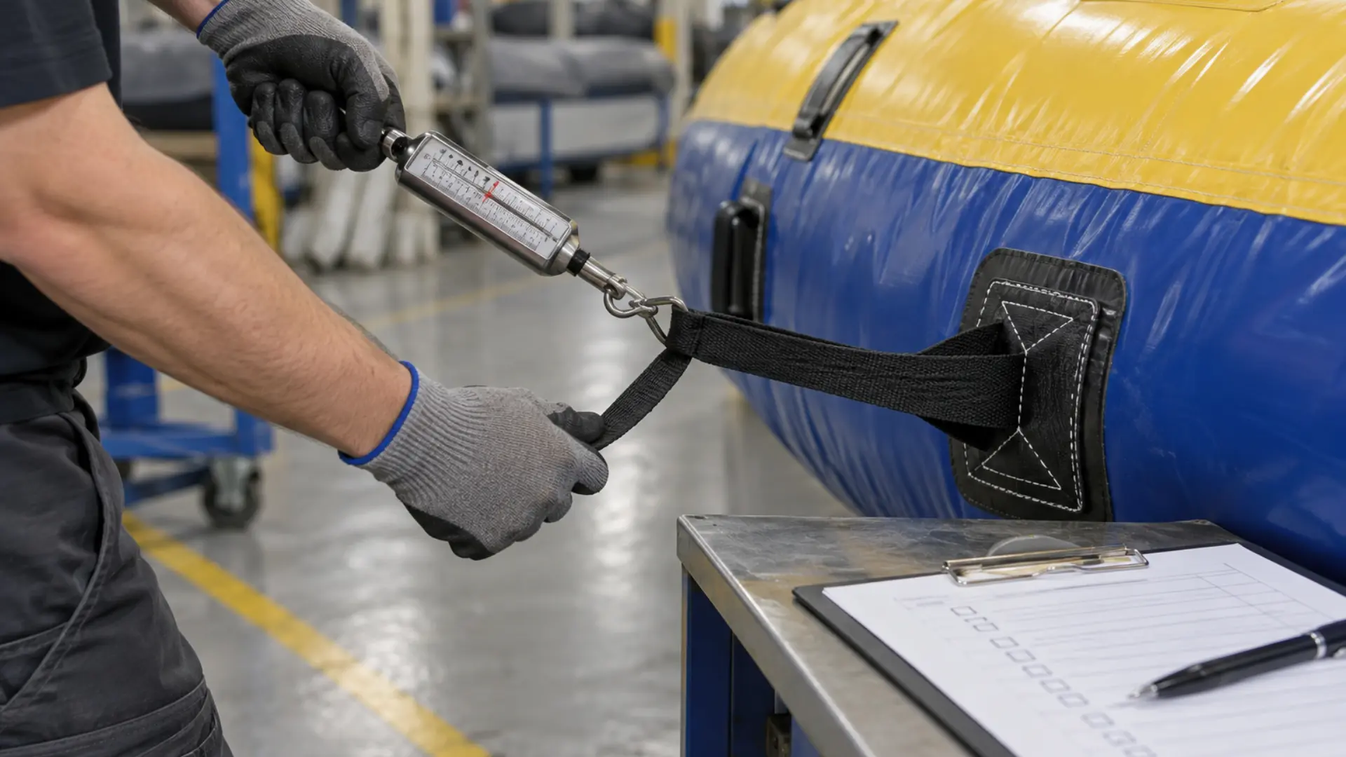 primo piano di un tecnico che esegue il test di trazione su un passante di ancoraggio gonfiabile in un'area di controllo qualità della fabbrica