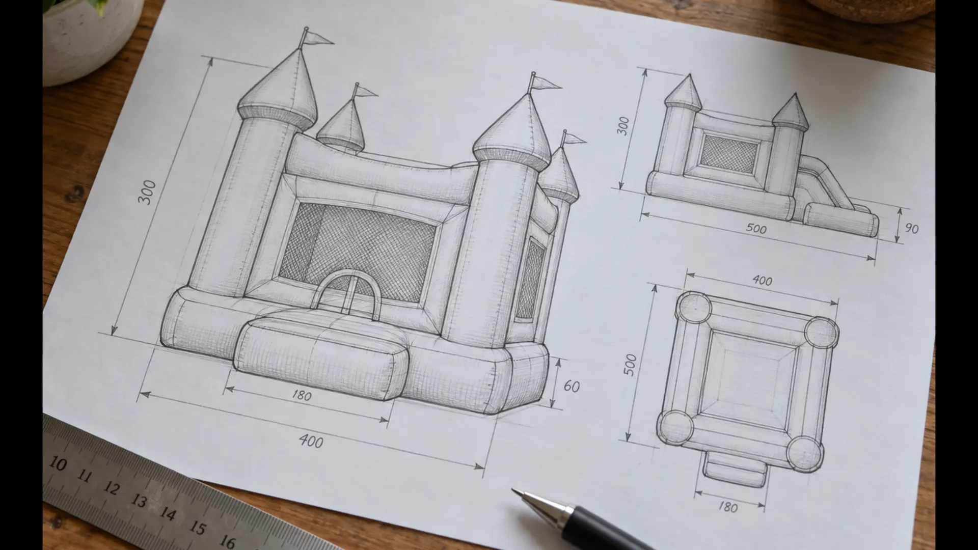primo piano di una scheda tecnica stampata per gonfiabili con dimensioni e disegni su una scrivania