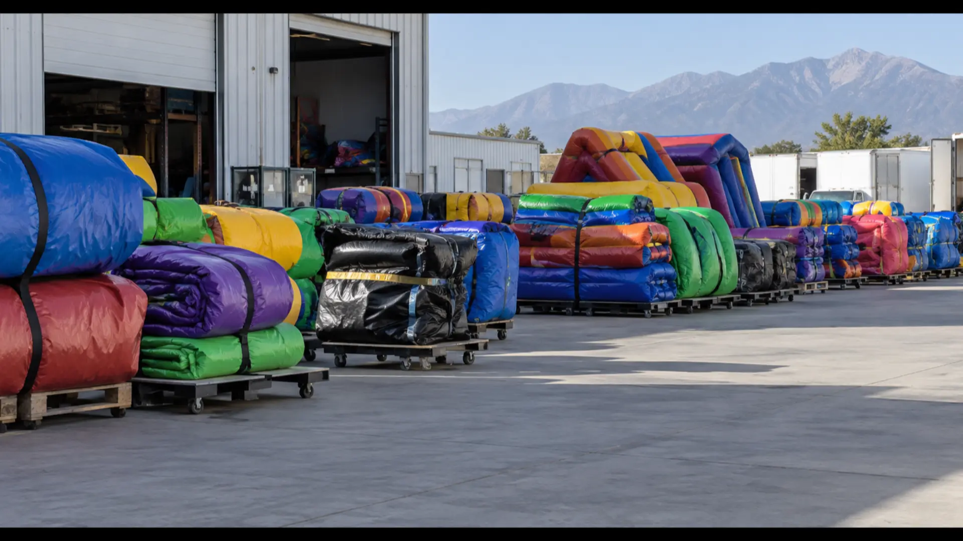different sized commercial inflatable bounce castles lined up in a rental fleet storage yard