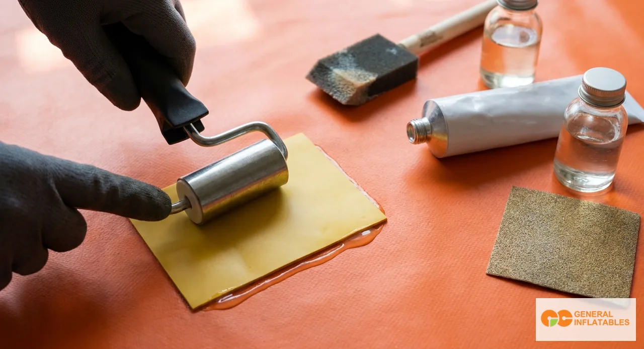 Primo piano di una riparazione con toppa a freddo su gonfiabile commerciale in corso su una superficie in PVC blu navy — materiale della toppa rullato piatto con un rullo manuale dopo l'applicazione dell'adesivo PVC