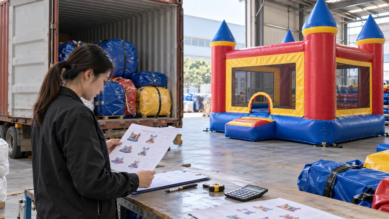 Illustrative purchasing review beside packed commercial inflatables and a castle bounce house