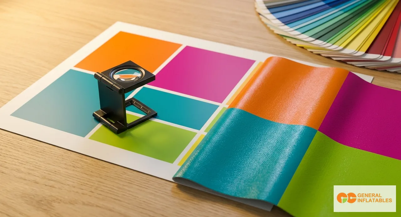Project manager di fabbrica che tiene un PDF Digital Proof stampato accanto a un Pre-Production Sample di un pannello di gonfiabile commerciale personalizzato brandizzato, confrontando la corrispondenza dei colori alla luce naturale del giorno