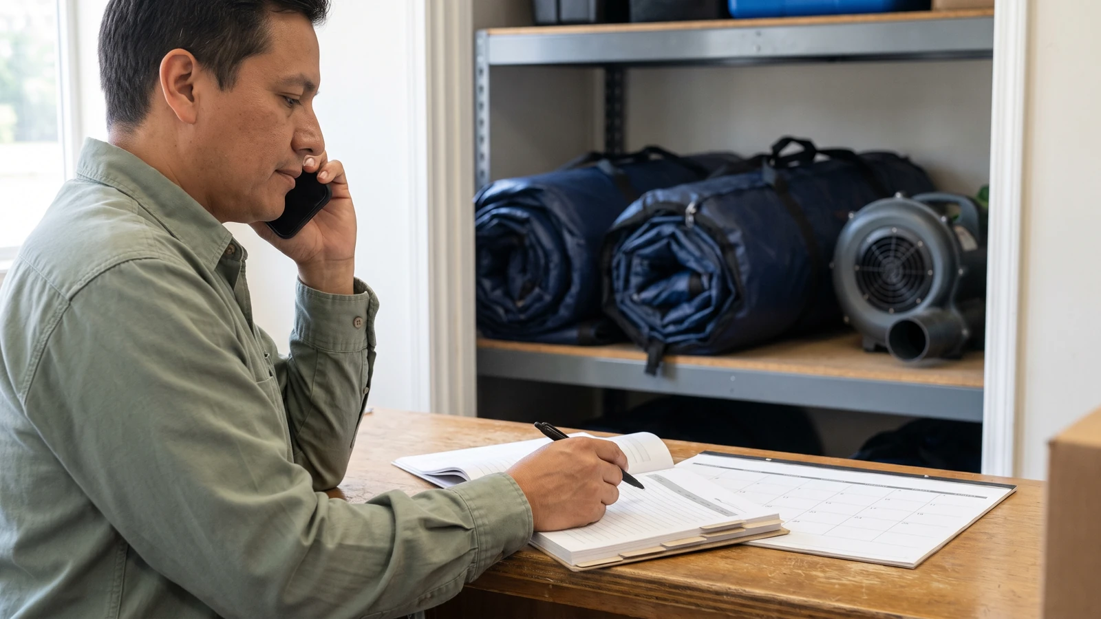 Un addetto al noleggio controlla una lista d’attesa mentre parla al telefono con un cliente, accanto ad attrezzature gonfiabili riposte; illustrazione IA.