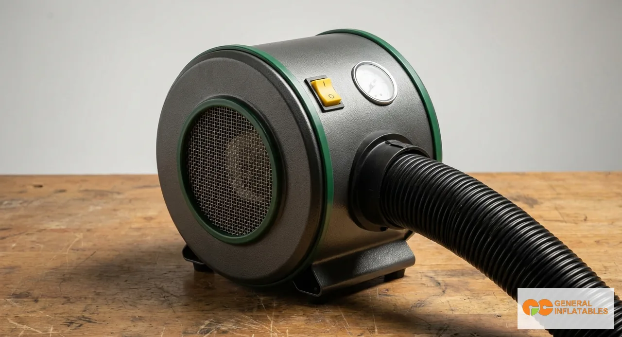 Vista laterale di un soffiatore commerciale 1.5 HP per gonfiabile sull'erba accanto al suo tubo di collegamento che alimenta un castello gonfiabile dispiegato, con condotto dell'aria chiaramente visibile