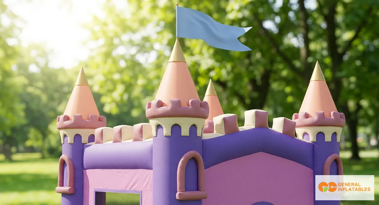 Due castelli gonfiabili commerciali a tema fianco a fianco a un evento familiare — un castello principessa con torrette rosa e pareti ad arco a sinistra, un castello nave pirata con albero ed elementi di vela a destra