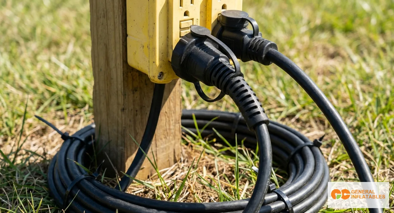 Hub di distribuzione elettrica per evento all'aperto che mostra un generatore commerciale collegato a più spesse prolunghe arancioni che vanno verso i soffiatori dei castelli gonfiabili vicini, con un misuratore di monitoraggio dell'energia visibile sul pannello del generatore